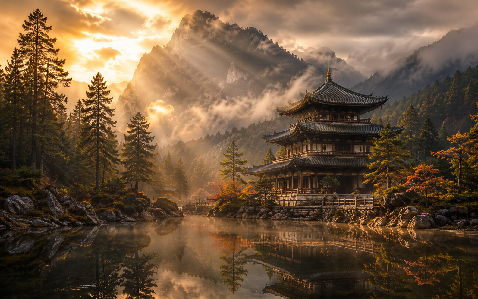 Mountain temple at golden hour